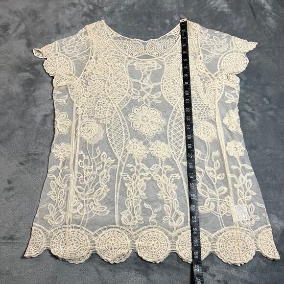 Women's Round Neck Mesh Floral Sheer Blouse Size M/L Boho Festival Y2K 90s Casu - Picture 5 of 7